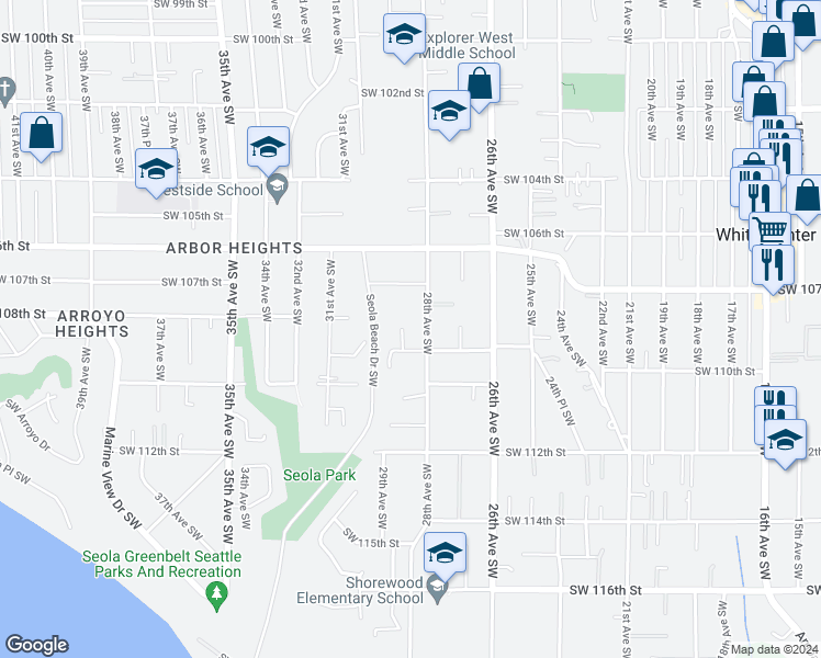 map of restaurants, bars, coffee shops, grocery stores, and more near 10721 28th Avenue Southwest in Seattle