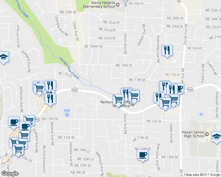 map of restaurants, bars, coffee shops, grocery stores, and more near 1555 Union Avenue Northeast in Renton