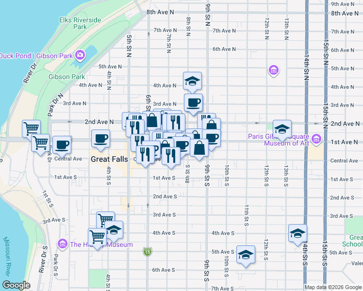 map of restaurants, bars, coffee shops, grocery stores, and more near in Great Falls