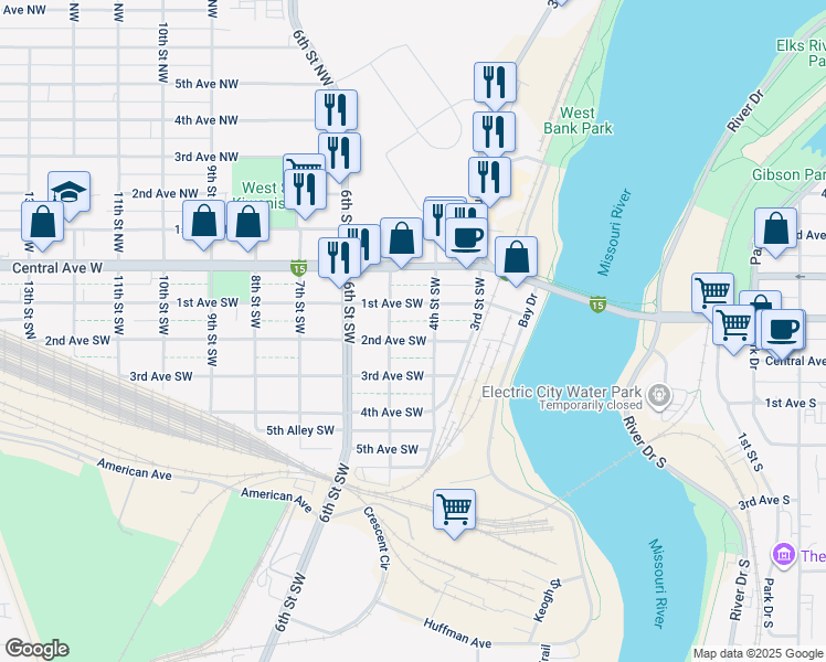 map of restaurants, bars, coffee shops, grocery stores, and more near 414 1st Avenue Southwest in Great Falls