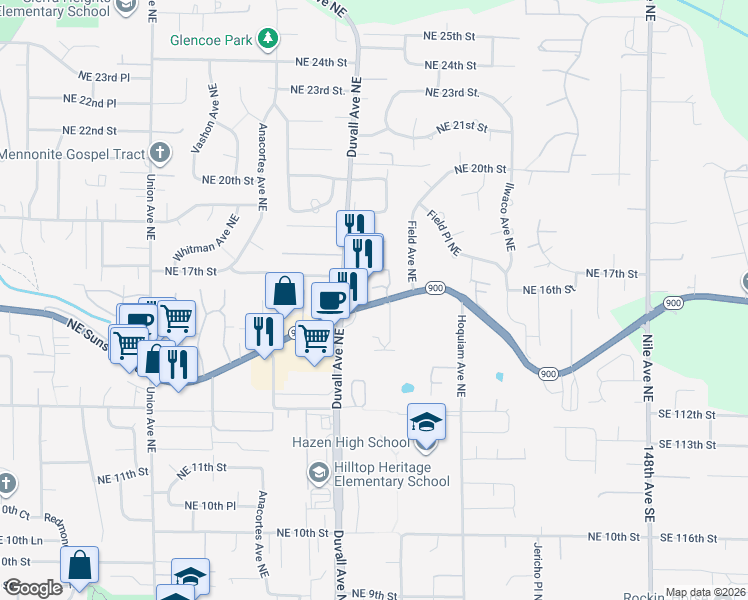 map of restaurants, bars, coffee shops, grocery stores, and more near 1630 Duvall Avenue Northeast in Renton