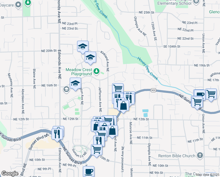 map of restaurants, bars, coffee shops, grocery stores, and more near 3004 Northeast 15th Street in Renton