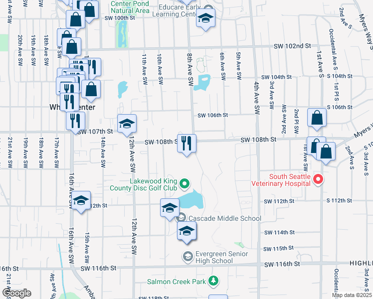 map of restaurants, bars, coffee shops, grocery stores, and more near 835 Southwest 108th Street in Seattle