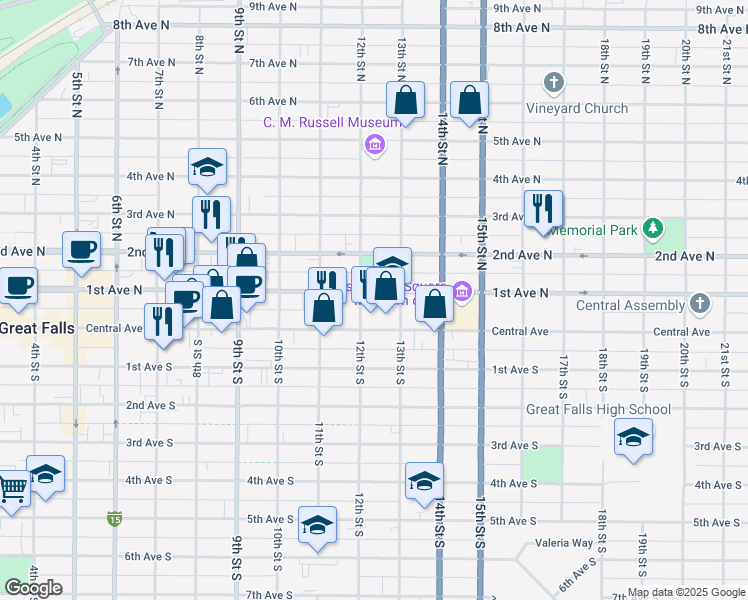 map of restaurants, bars, coffee shops, grocery stores, and more near 1208 1st Avenue North in Great Falls