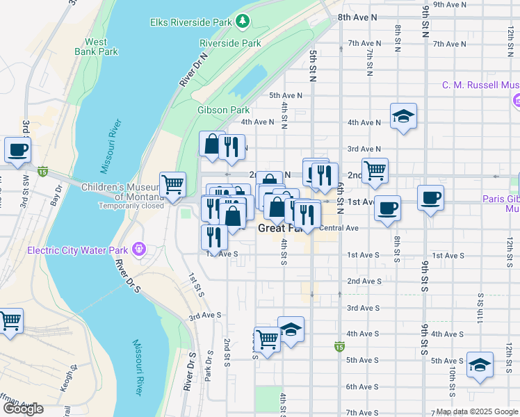 map of restaurants, bars, coffee shops, grocery stores, and more near 21 3rd Street North in Great Falls