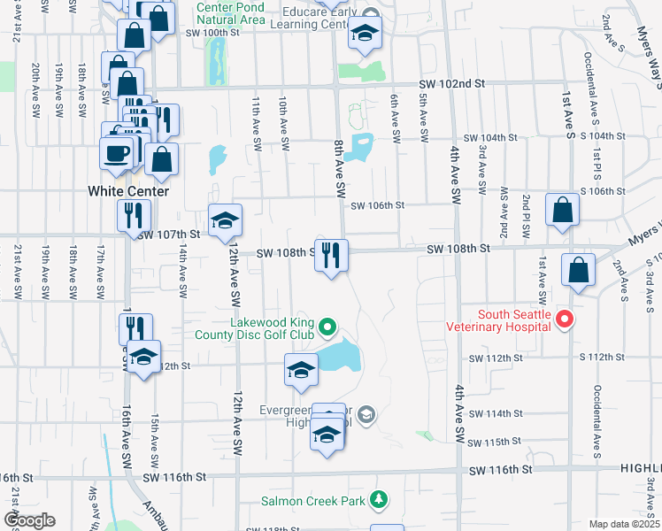 map of restaurants, bars, coffee shops, grocery stores, and more near 10821 8th Avenue Southwest in Seattle