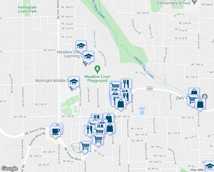 map of restaurants, bars, coffee shops, grocery stores, and more near 3004 Northeast 15th Street in Renton