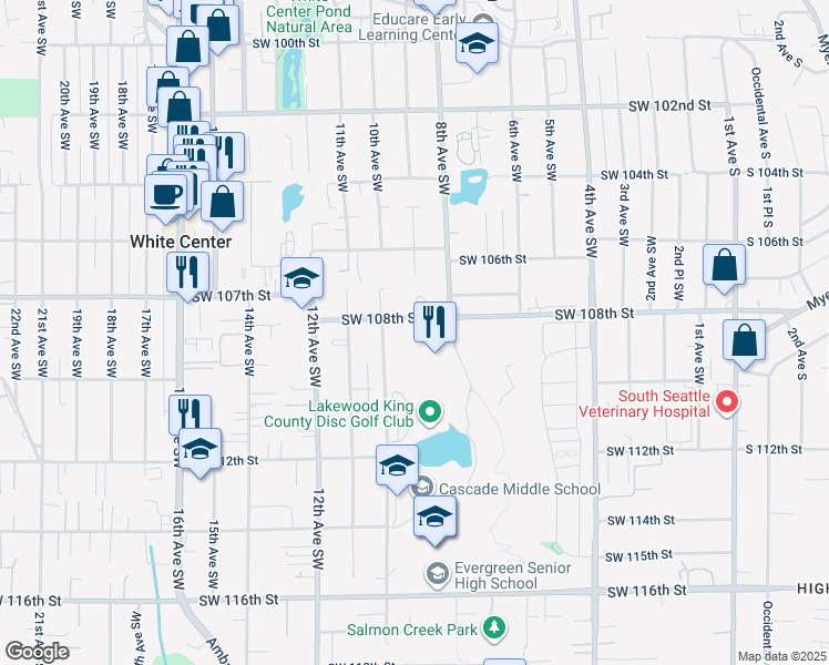 map of restaurants, bars, coffee shops, grocery stores, and more near 835 Southwest 108th Street in Seattle