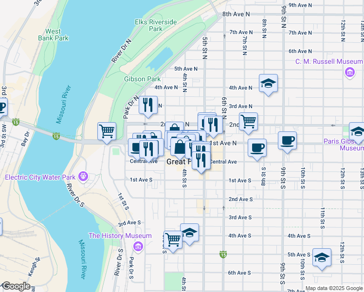 map of restaurants, bars, coffee shops, grocery stores, and more near 319 1st Avenue North in Great Falls