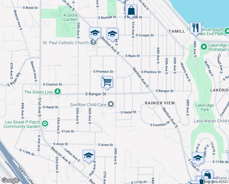 map of restaurants, bars, coffee shops, grocery stores, and more near 10434 59th Avenue South in Seattle