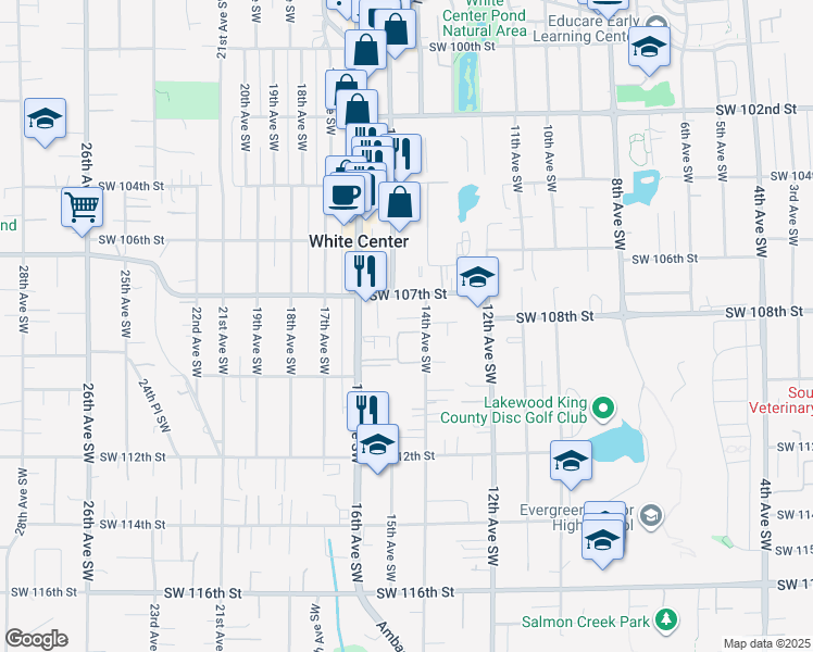 map of restaurants, bars, coffee shops, grocery stores, and more near 1511 Southwest 107th Street in Seattle
