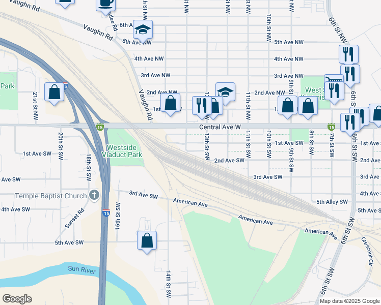 map of restaurants, bars, coffee shops, grocery stores, and more near 1321 2nd Avenue Southwest in Great Falls