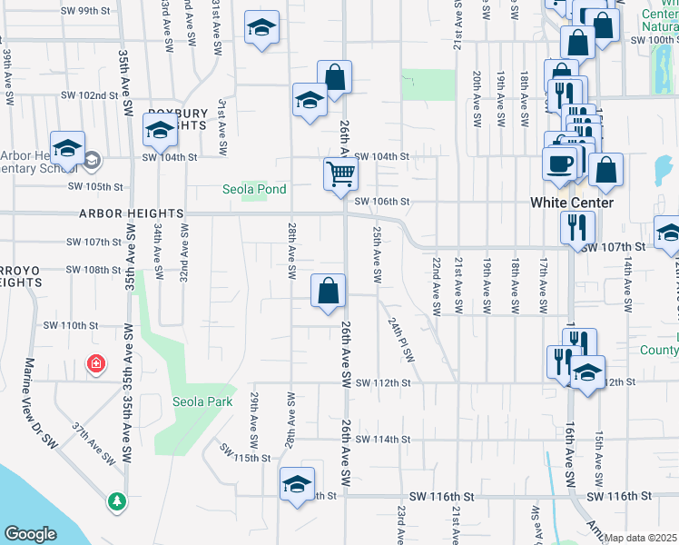 map of restaurants, bars, coffee shops, grocery stores, and more near 10819 26th Avenue Southwest in Seattle