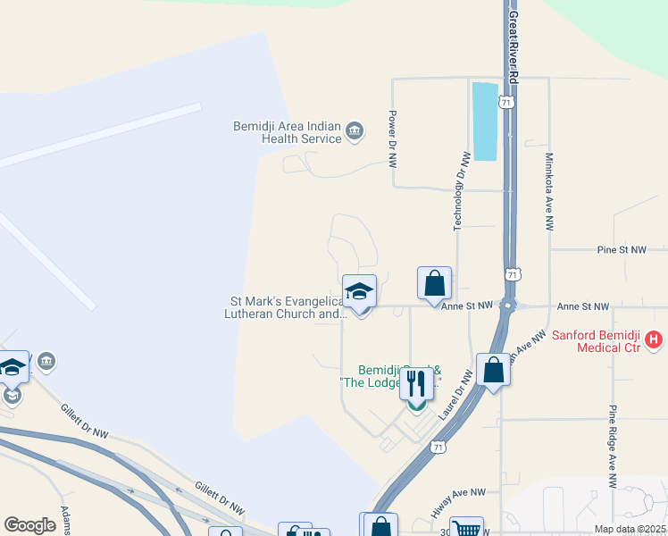 map of restaurants, bars, coffee shops, grocery stores, and more near 3827 Avion Lane Northwest in Bemidji