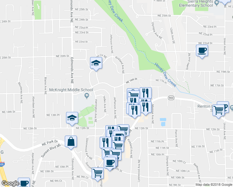 map of restaurants, bars, coffee shops, grocery stores, and more near 1526 Jefferson Avenue Northeast in Renton