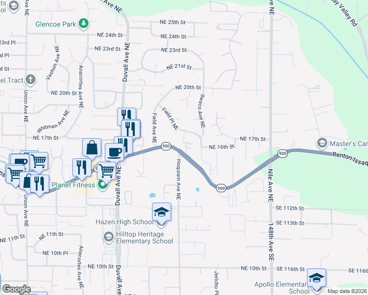 map of restaurants, bars, coffee shops, grocery stores, and more near 1601 Hoquiam Place Northeast in Renton