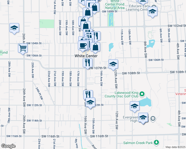 map of restaurants, bars, coffee shops, grocery stores, and more near 1511 Southwest 107th Street in Seattle