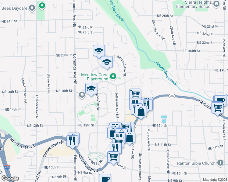 map of restaurants, bars, coffee shops, grocery stores, and more near 1526 Jefferson Avenue Northeast in Renton