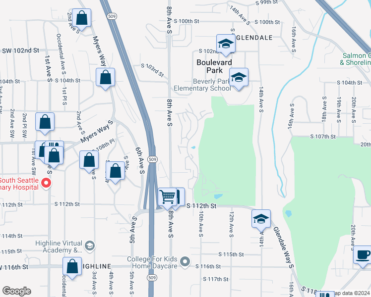 map of restaurants, bars, coffee shops, grocery stores, and more near 10825 Glen Acres Drive South in Seattle