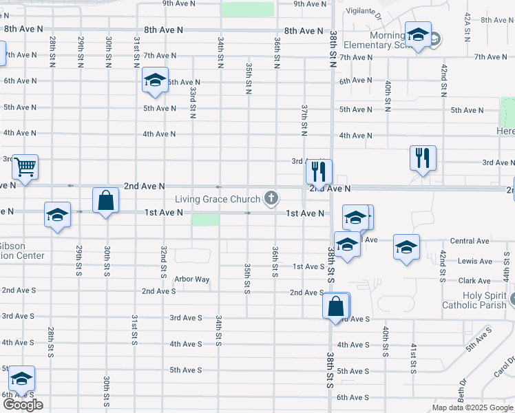 map of restaurants, bars, coffee shops, grocery stores, and more near 3511 1st Avenue North in Great Falls