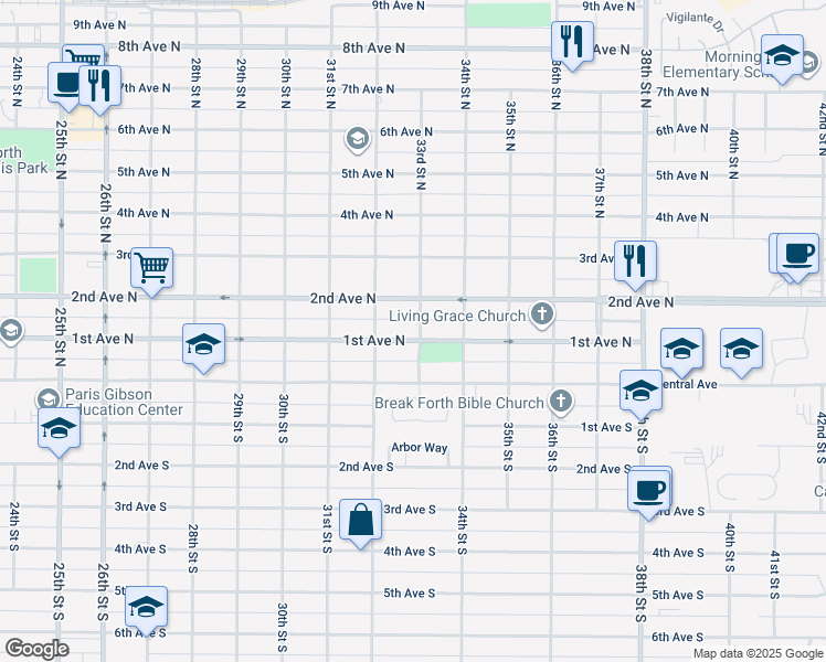 map of restaurants, bars, coffee shops, grocery stores, and more near 3227 1st Avenue North in Great Falls