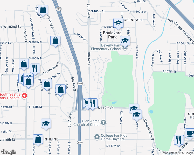 map of restaurants, bars, coffee shops, grocery stores, and more near 10825 Glen Acres Drive South in Seattle