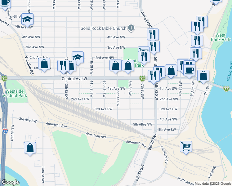 map of restaurants, bars, coffee shops, grocery stores, and more near 110 9th Street Southwest in Great Falls