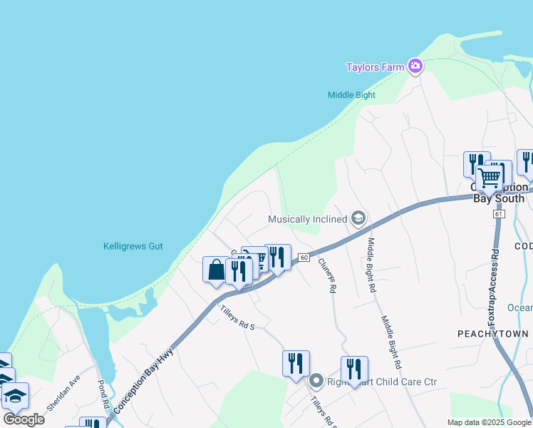 map of restaurants, bars, coffee shops, grocery stores, and more near 42 Joshwill Crescent in Conception Bay South