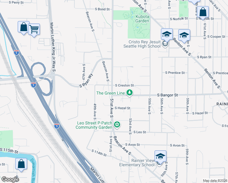 map of restaurants, bars, coffee shops, grocery stores, and more near 10500 51st Avenue South in Seattle