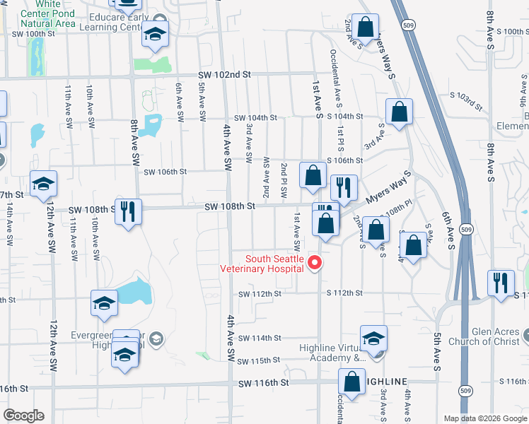 map of restaurants, bars, coffee shops, grocery stores, and more near 211 Southwest 108th Street in Seattle