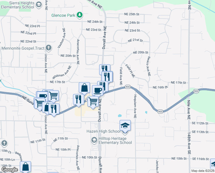 map of restaurants, bars, coffee shops, grocery stores, and more near 1630 Duvall Avenue Northeast in Renton