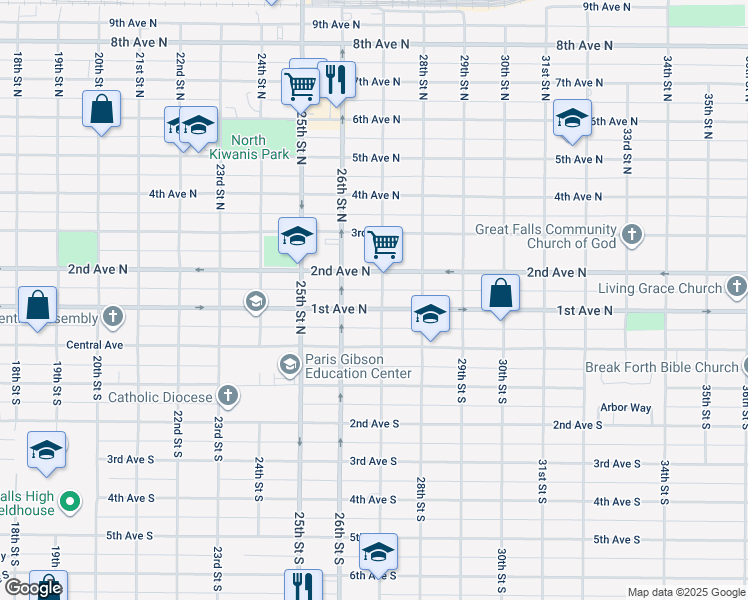 map of restaurants, bars, coffee shops, grocery stores, and more near 2625 1st Avenue North in Great Falls