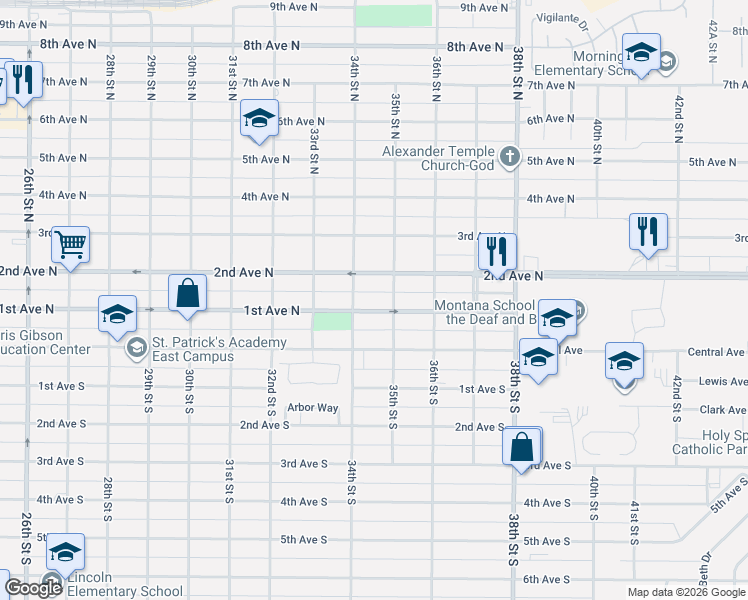 map of restaurants, bars, coffee shops, grocery stores, and more near 3417 1st Avenue North in Great Falls