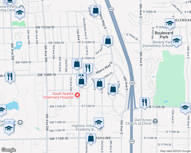 map of restaurants, bars, coffee shops, grocery stores, and more near 10778 Myers Way South in Seattle