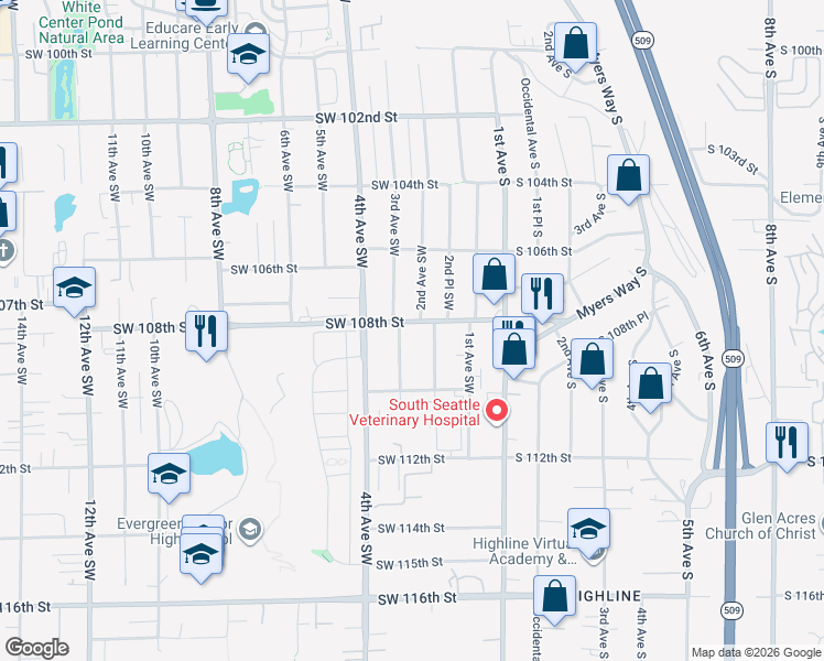 map of restaurants, bars, coffee shops, grocery stores, and more near 211 Southwest 108th Street in Seattle