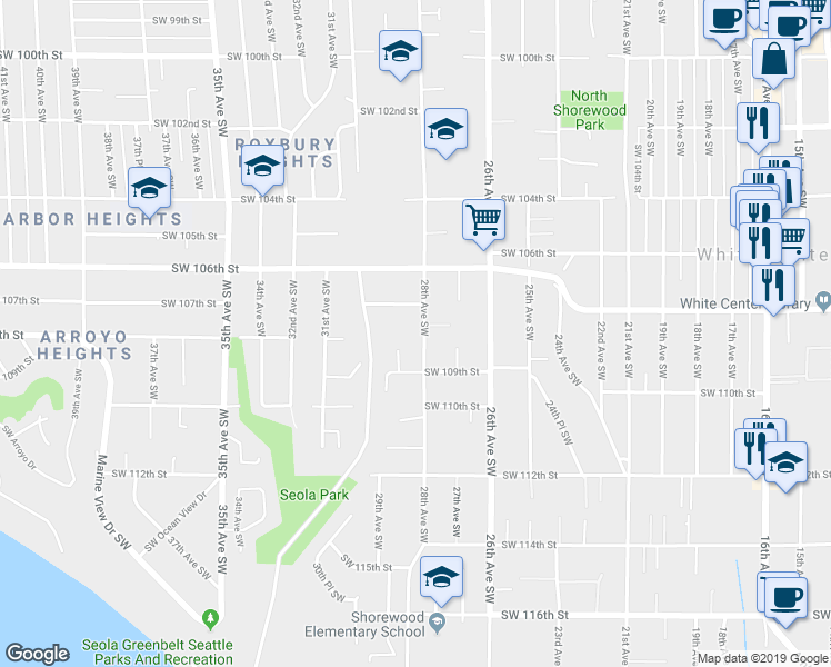 map of restaurants, bars, coffee shops, grocery stores, and more near 10721 28th Avenue Southwest in Seattle