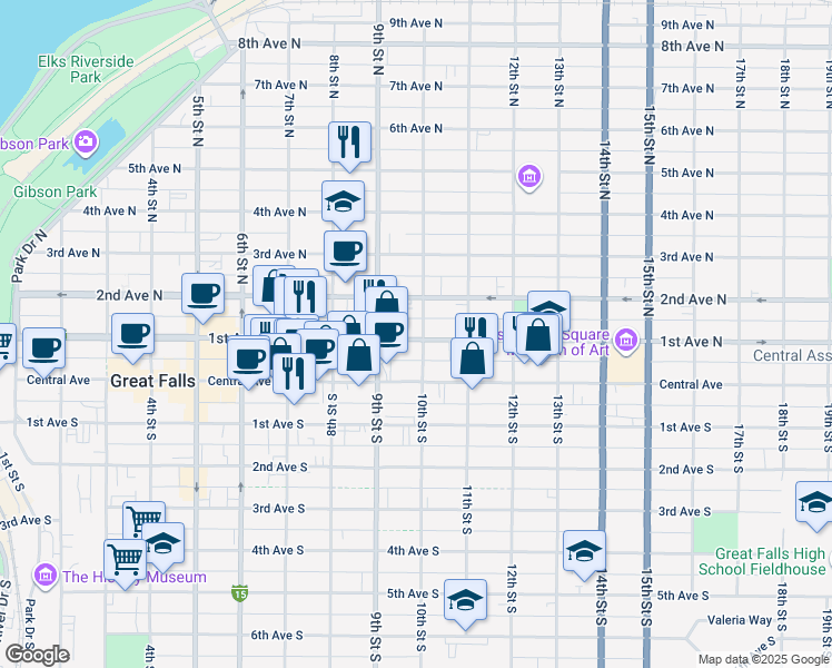 map of restaurants, bars, coffee shops, grocery stores, and more near 925 1st Avenue South in Great Falls