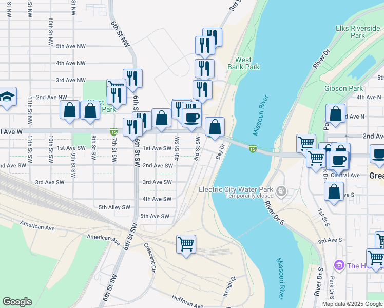 map of restaurants, bars, coffee shops, grocery stores, and more near 221 2nd Avenue South in Great Falls