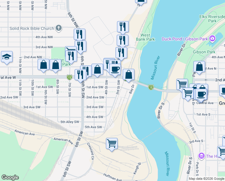 map of restaurants, bars, coffee shops, grocery stores, and more near 320 1st Avenue Southwest in Great Falls