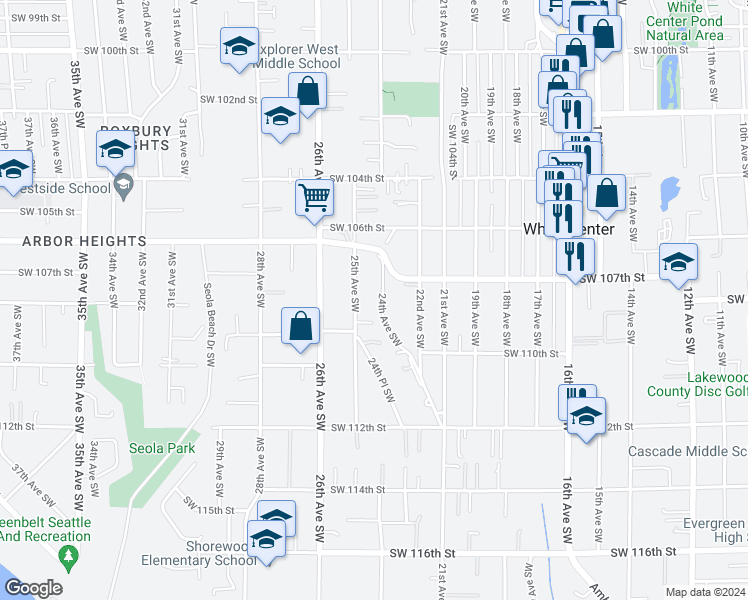 map of restaurants, bars, coffee shops, grocery stores, and more near 10810 25th Avenue Southwest in Seattle