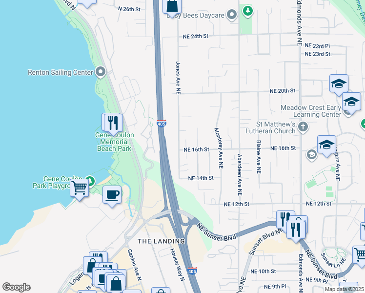 map of restaurants, bars, coffee shops, grocery stores, and more near 1702 Northeast 16th Street in Renton