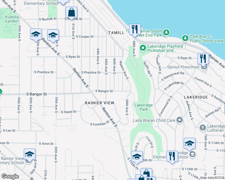 map of restaurants, bars, coffee shops, grocery stores, and more near 6520 South Bangor Street in Seattle