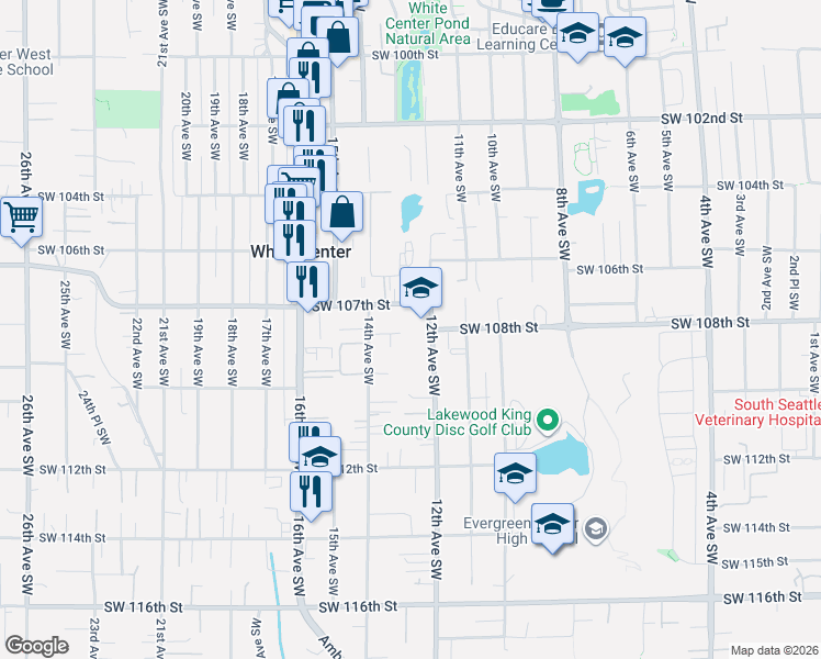 map of restaurants, bars, coffee shops, grocery stores, and more near 10811 12th Avenue Southwest in Seattle