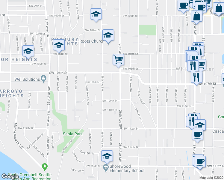 map of restaurants, bars, coffee shops, grocery stores, and more near 10809 26th Avenue Southwest in Seattle