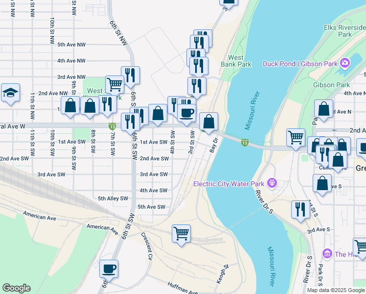 map of restaurants, bars, coffee shops, grocery stores, and more near 320 1st Avenue Southwest in Great Falls
