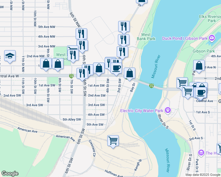 map of restaurants, bars, coffee shops, grocery stores, and more near 320 1st Avenue Southwest in Great Falls