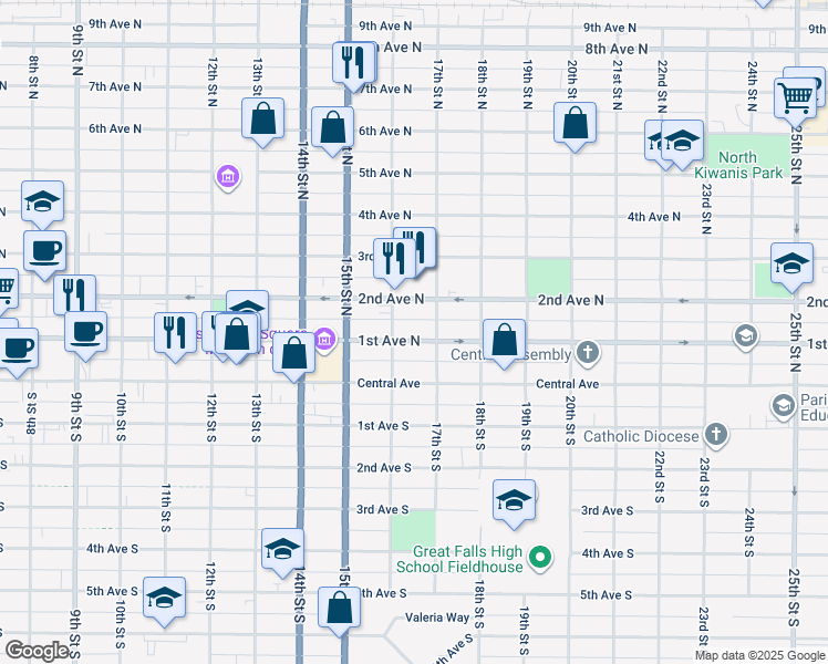 map of restaurants, bars, coffee shops, grocery stores, and more near 1615 1st Avenue North in Great Falls