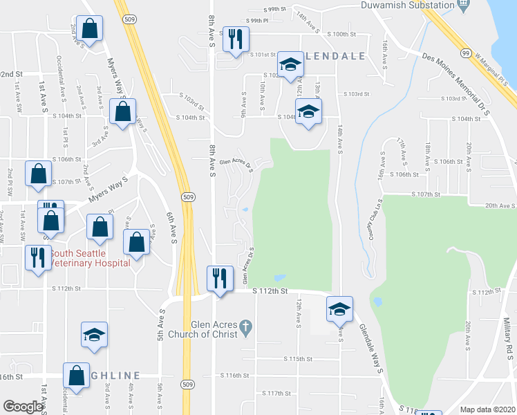 map of restaurants, bars, coffee shops, grocery stores, and more near 10814 Glen Acres Drive South in Seattle