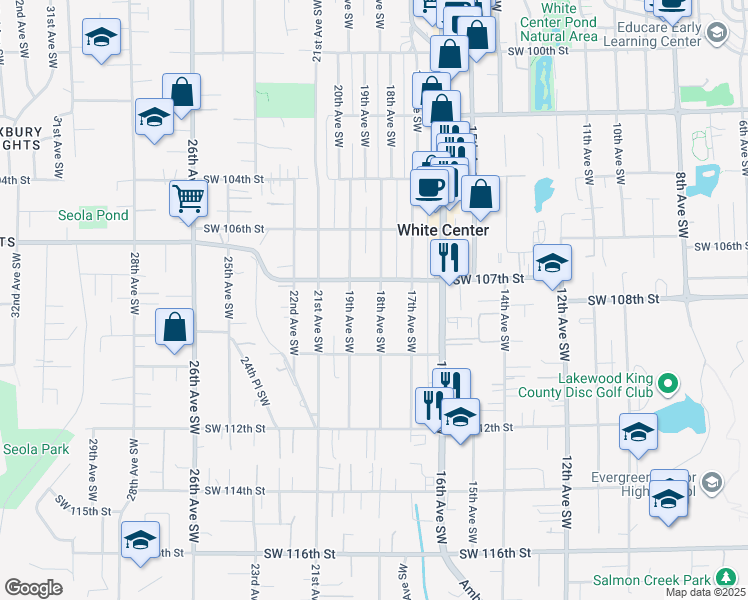map of restaurants, bars, coffee shops, grocery stores, and more near 10717 18th Avenue Southwest in Seattle