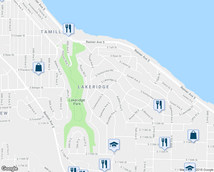 map of restaurants, bars, coffee shops, grocery stores, and more near 10733 Crestwood Drive South in Seattle